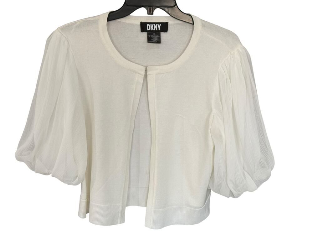 DKNY Ivory Cropped Puff Sleeve Cardigan Size M Sheer Sleeves Women’s Top